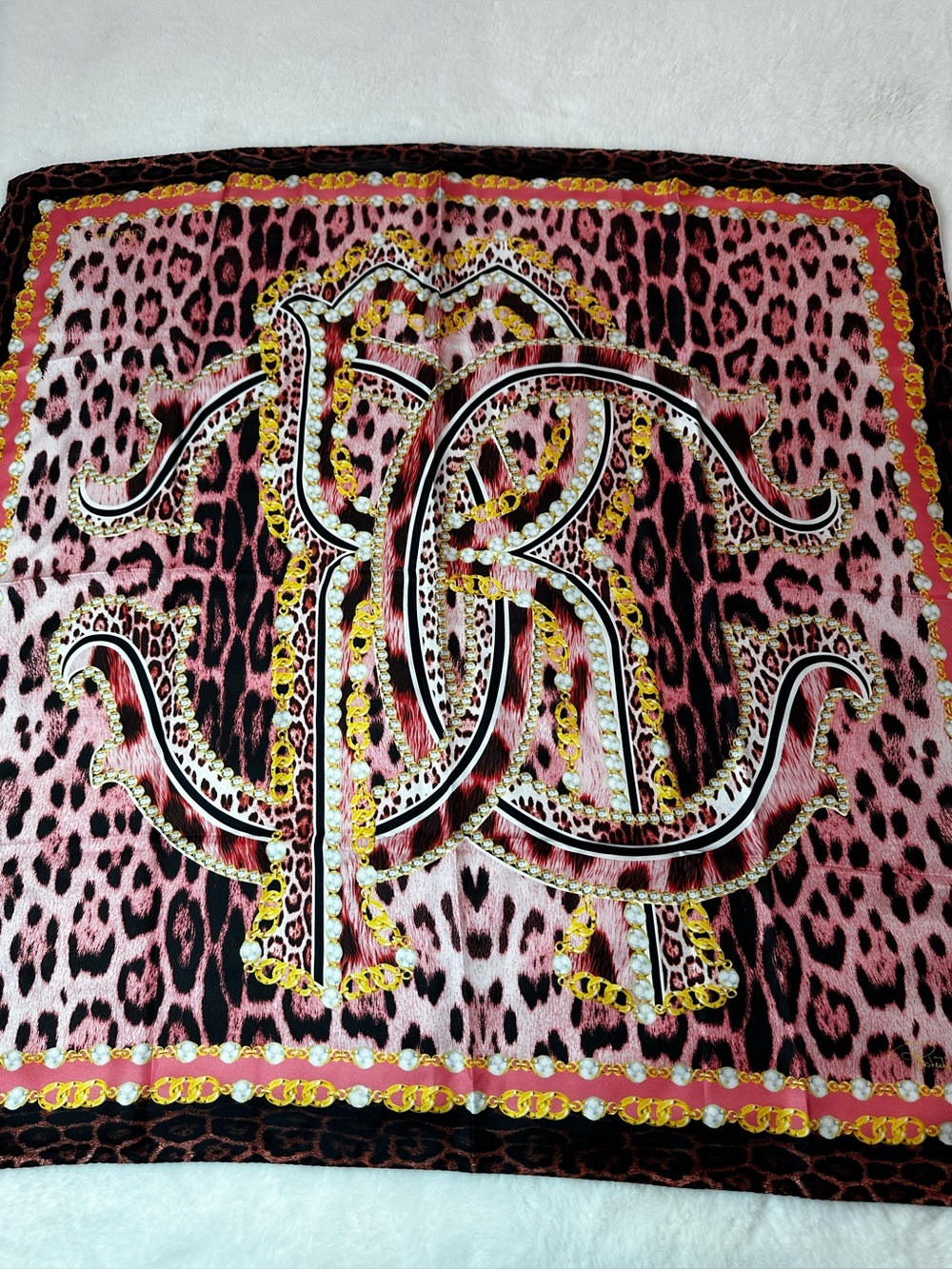 Roberto Cavalli Pink Leopard Print Silk Scarf with Gold Chain Motif